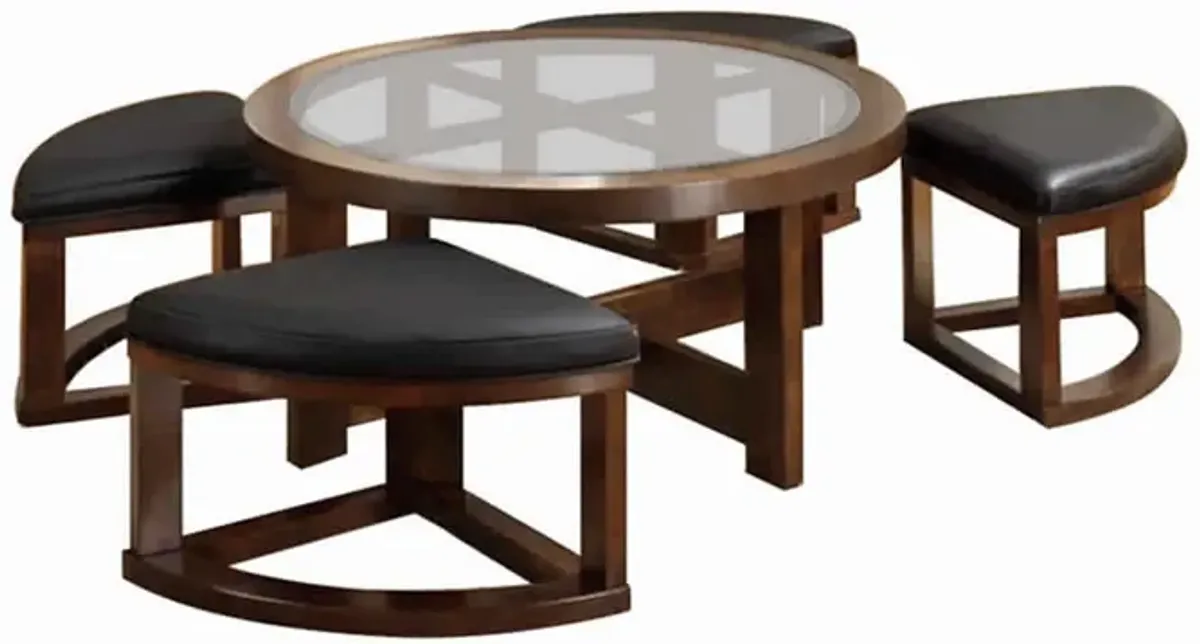 Gracious Round Wooden Coffee Table With Stylish Wedge Shaped 4 Ottomans-Benzara