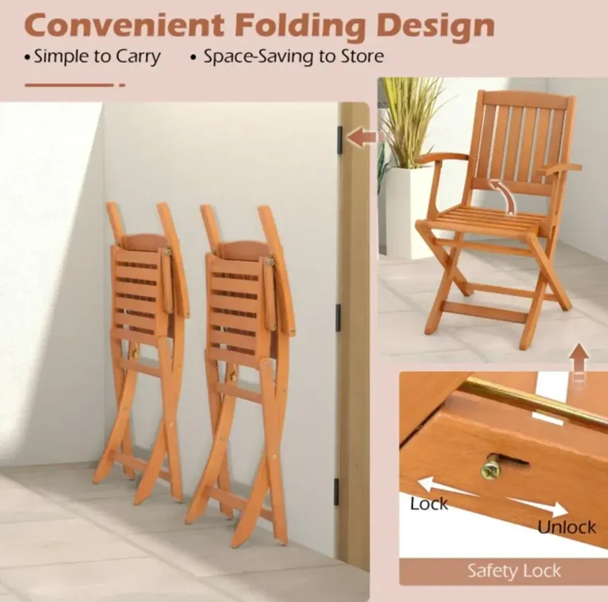 Hivvago Patio Wood Folding Chair Set of 2 with Armrests and Slatted Seat