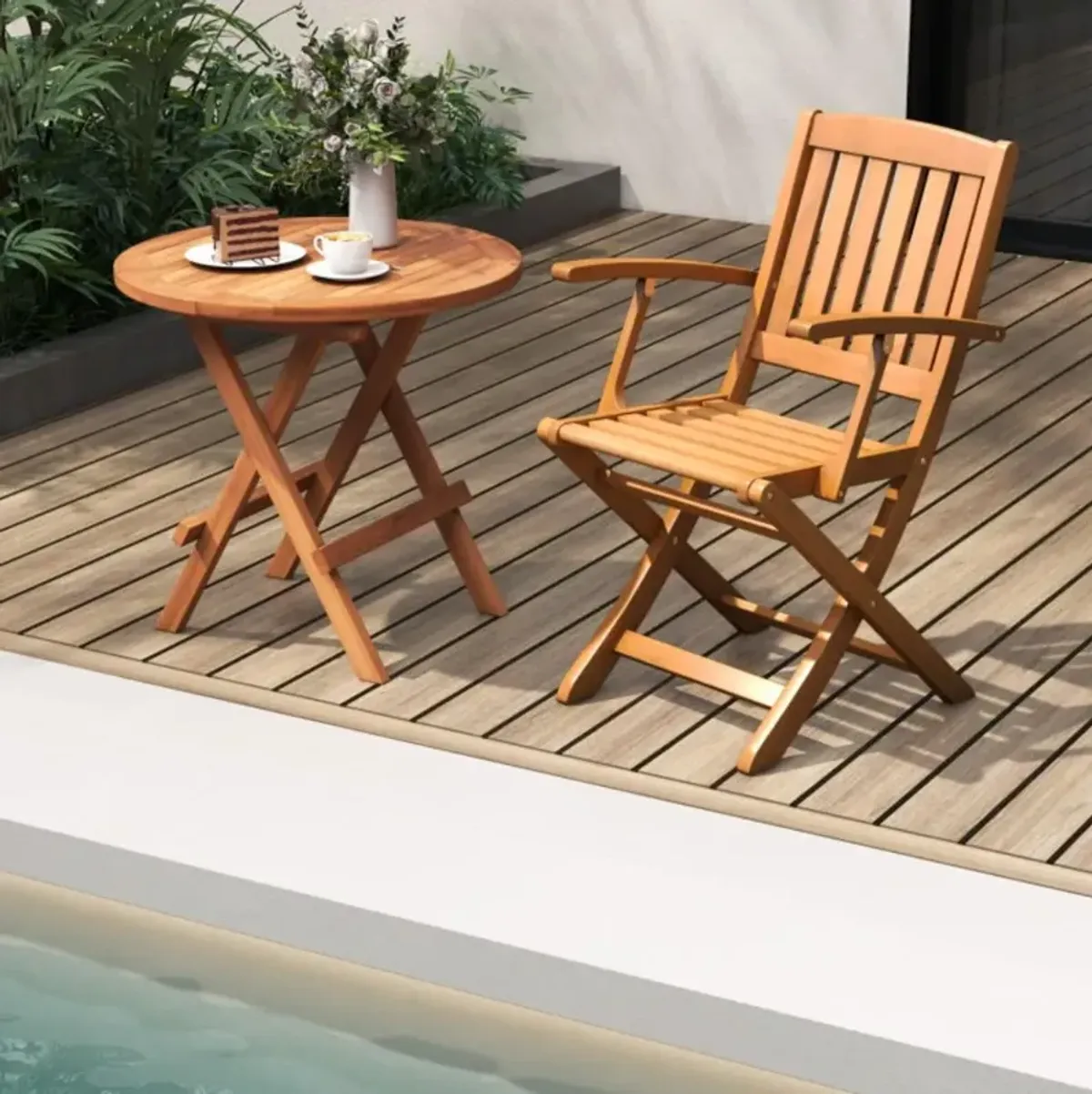 Hivvago Patio Wood Folding Chair Set of 2 with Armrests and Slatted Seat