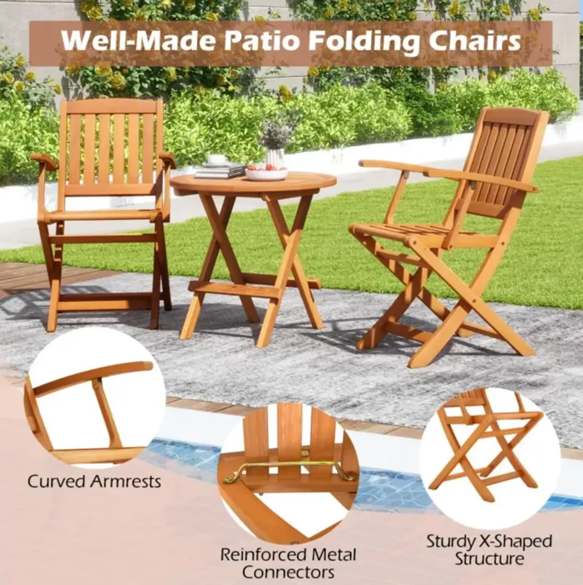 Hivvago Patio Wood Folding Chair Set of 2 with Armrests and Slatted Seat