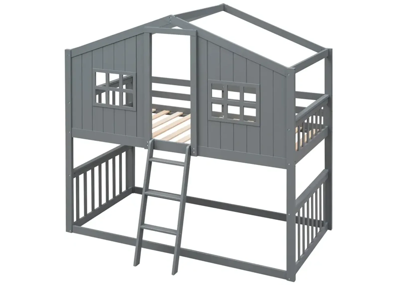 Twin Over Twin House Bunk Bed With Ladder, Wood Bed