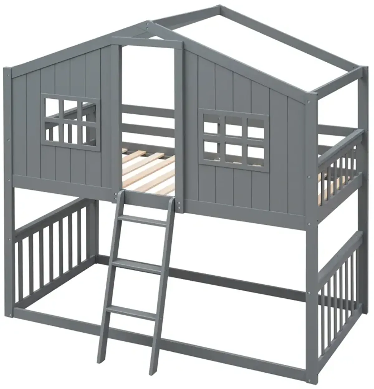 Twin Over Twin House Bunk Bed With Ladder, Wood Bed