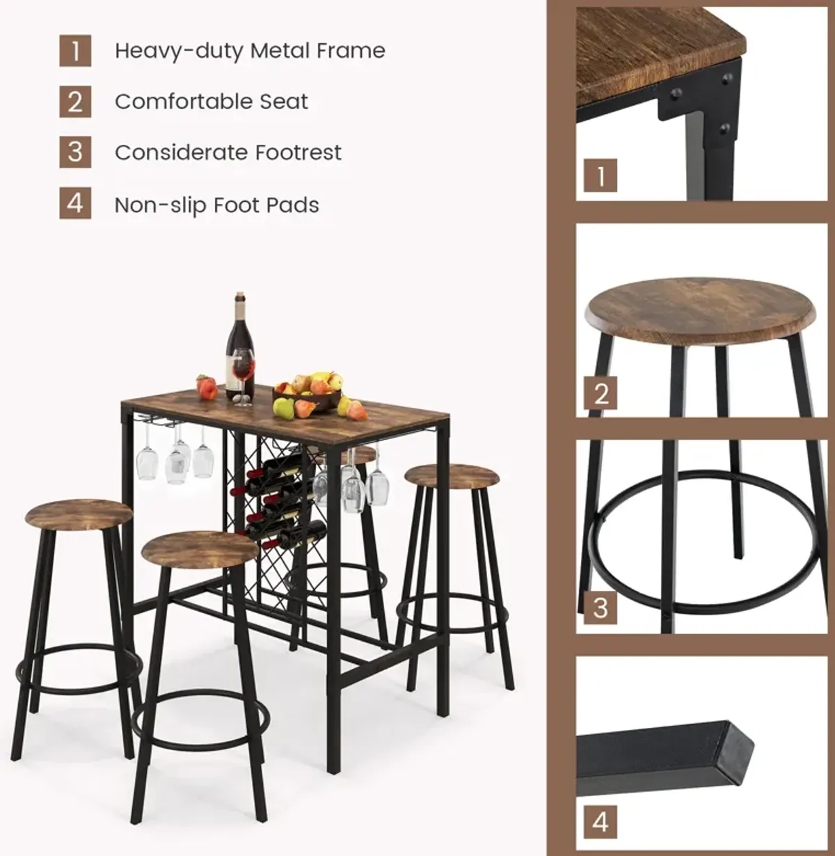 5 Pieces Bar Table and Stools Set with Wine Rack and Glass Holder-Rustic Brown