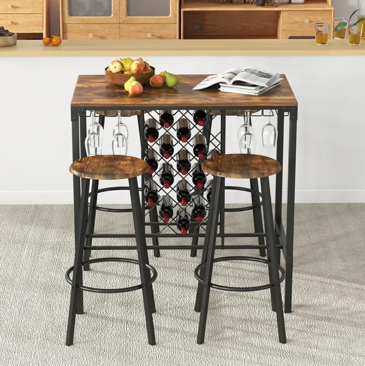 5 Pieces Bar Table and Stools Set with Wine Rack and Glass Holder-Rustic Brown