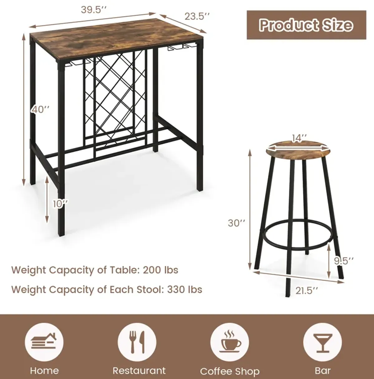 5 Pieces Bar Table and Stools Set with Wine Rack and Glass Holder-Rustic Brown