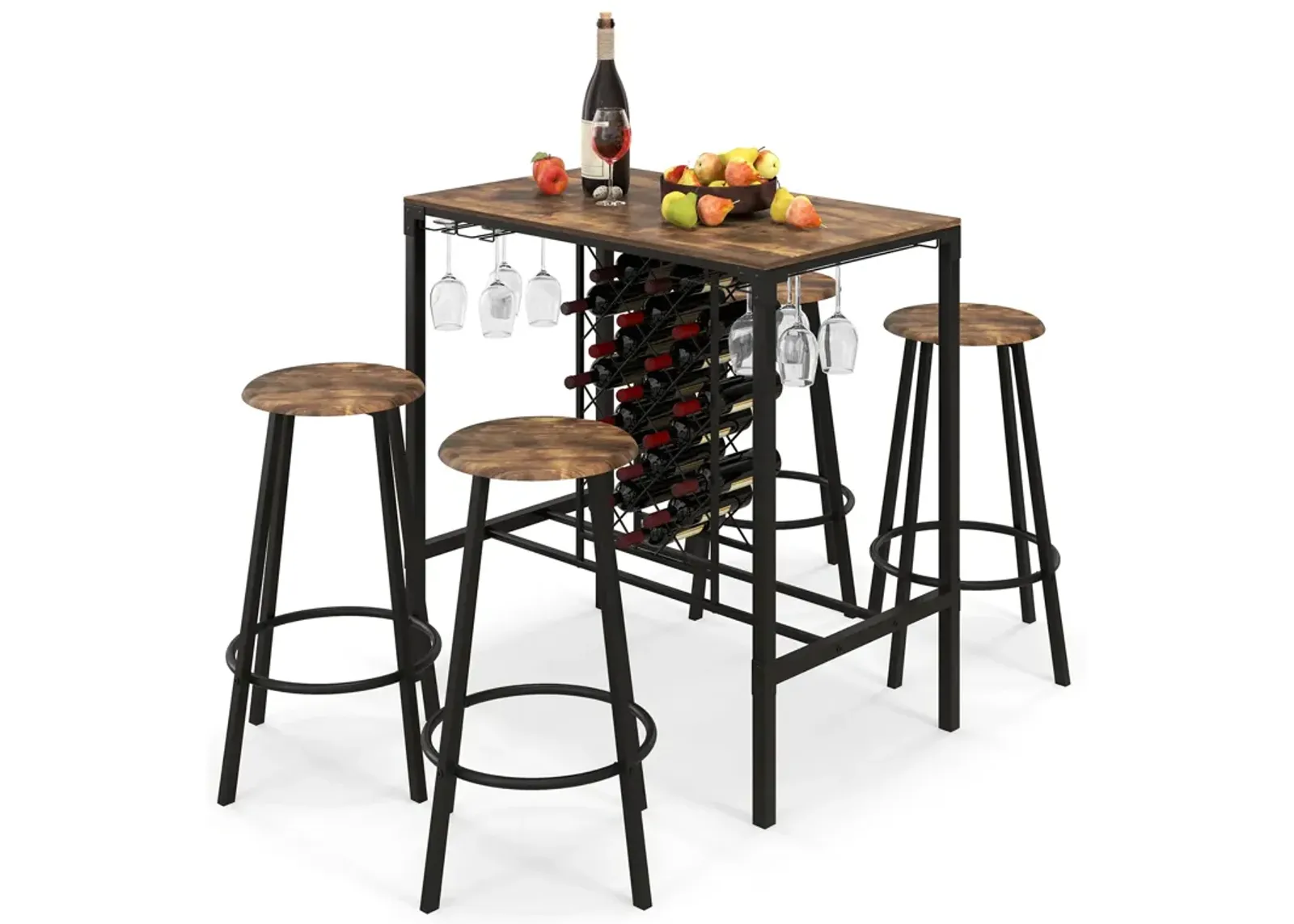 5 Pieces Bar Table and Stools Set with Wine Rack and Glass Holder-Rustic Brown