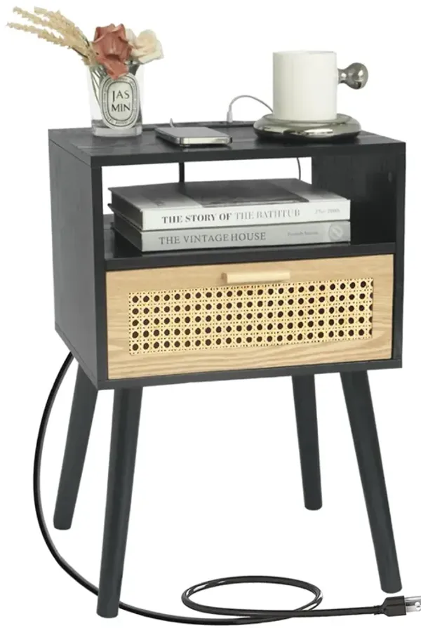 MaxSmeo Mid Century Modern Nightstand with Charging Station, Bedside Tables with Rattan Drawer, Small Wood Nightstand Side Table