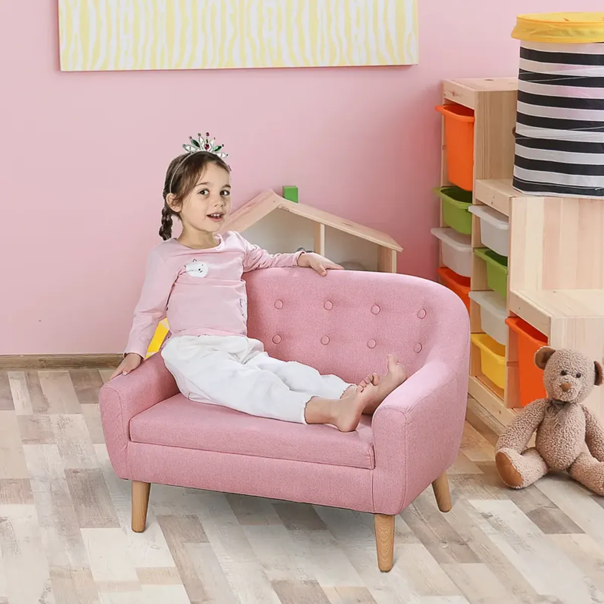 Cozy Children Sofa Couch Sturdy Wood 2 Seat Armrest Chair Kids Pink