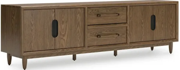 Rohan TV Media Console, 2 Drawers, 2 Shelves, Dark Brown Wood, 85 Inch - Benzara