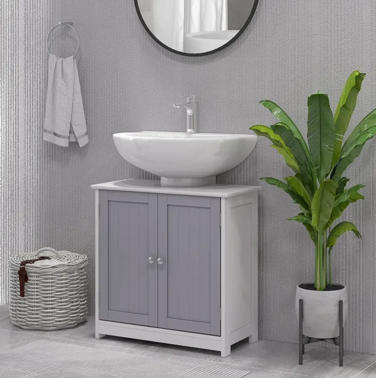 Short Pedestal Sink Washroom Storage Furniture w/Double Doors and Moveable Shelf