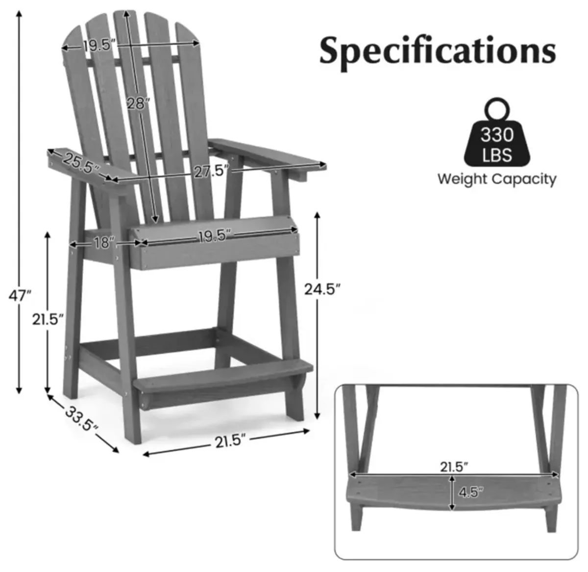 Hivvago HDPE Patio Chair with Armrest and Footrest for Indoor Outdoor