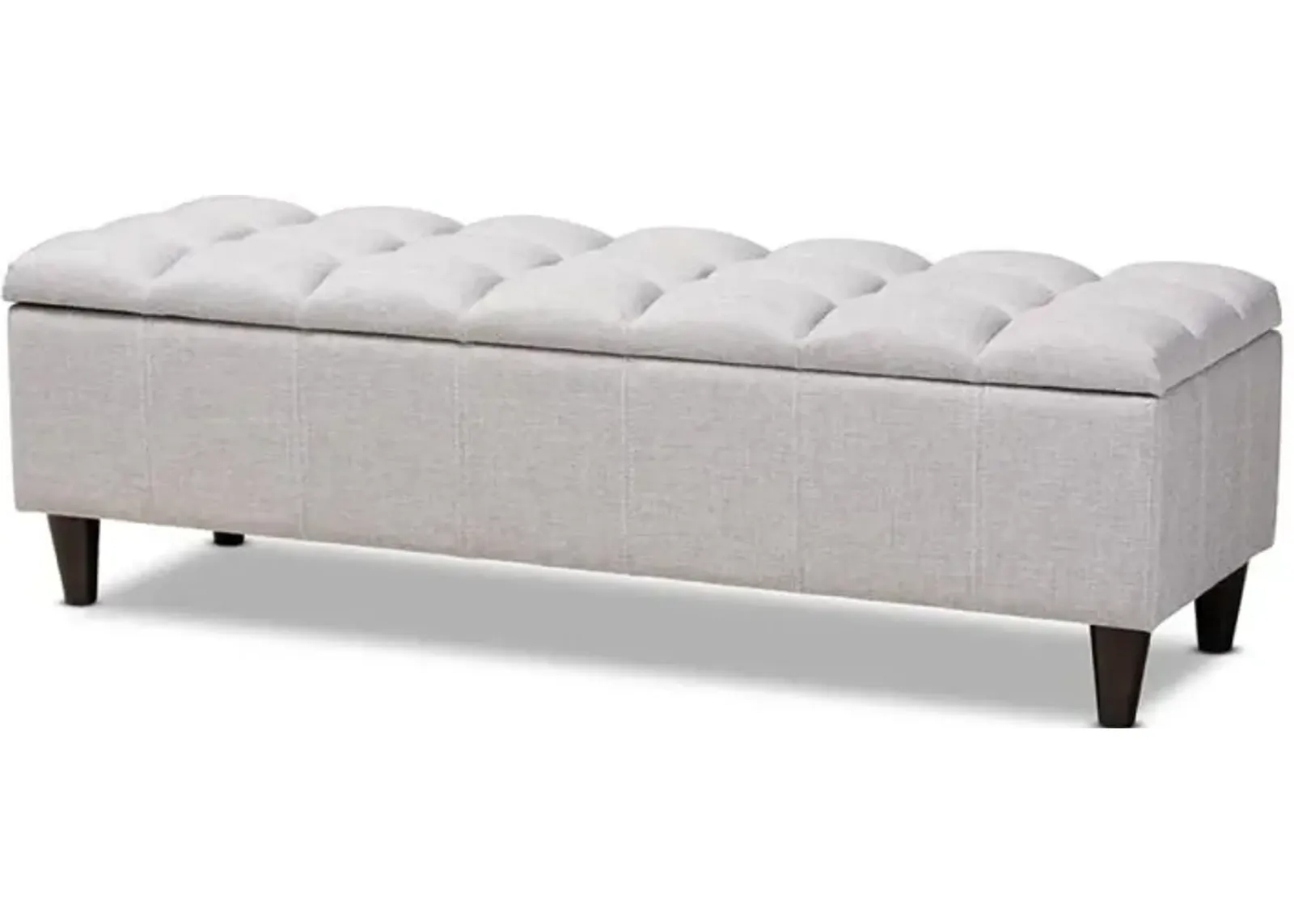 Grayish Beige Fabric Upholstered Dark Brown Finished Wood Storage Bench Ottoman