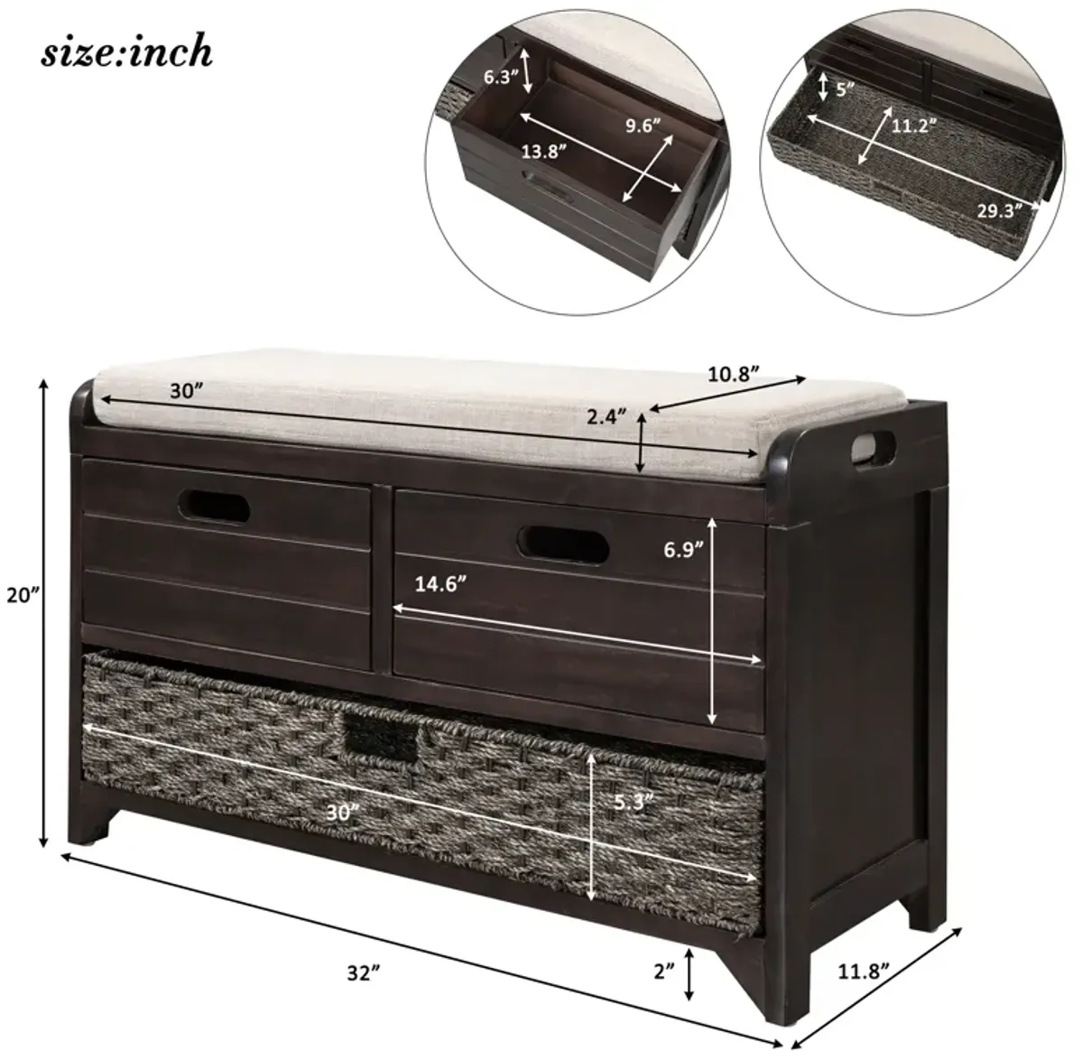 Gewnee Storage Bench with Removable Basket and 2 Drawers, Fully Assembled Shoe Bench with Removable Cushion (Espresso)