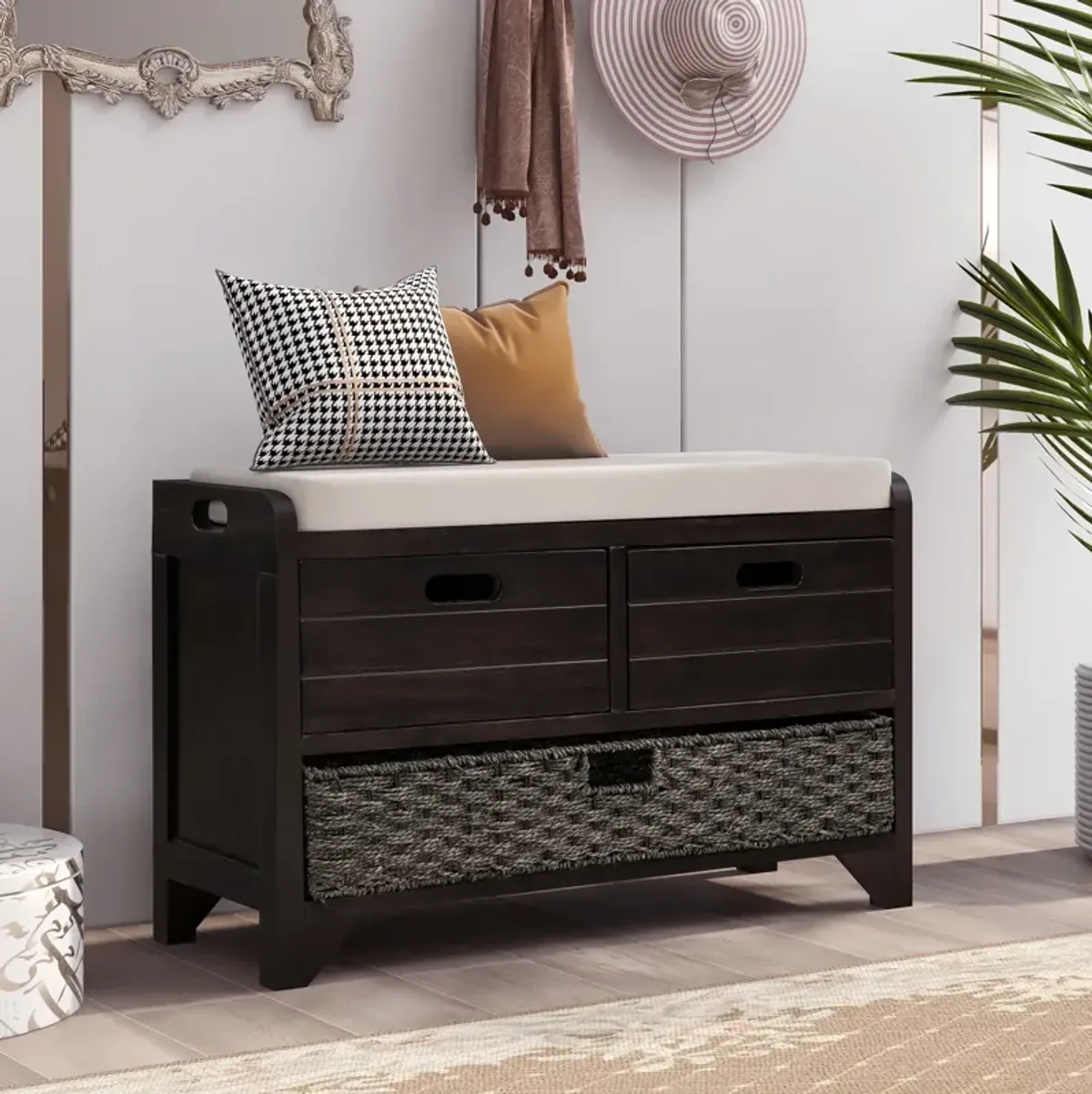 Gewnee Storage Bench with Removable Basket and 2 Drawers, Fully Assembled Shoe Bench with Removable Cushion (Espresso)