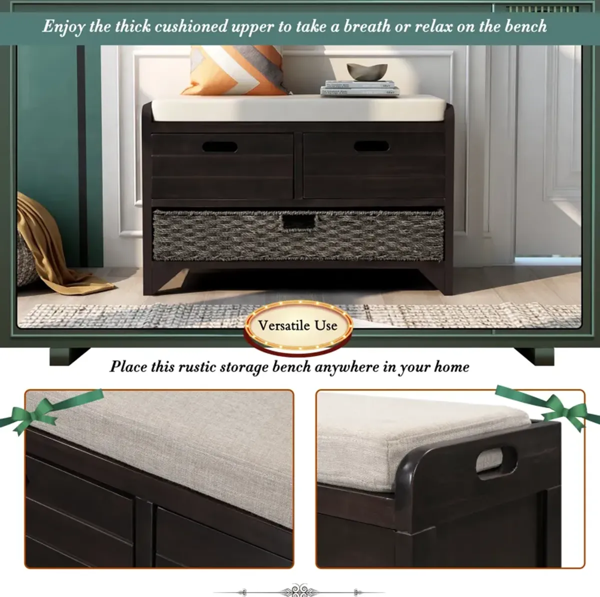 Gewnee Storage Bench with Removable Basket and 2 Drawers, Fully Assembled Shoe Bench with Removable Cushion (Espresso)