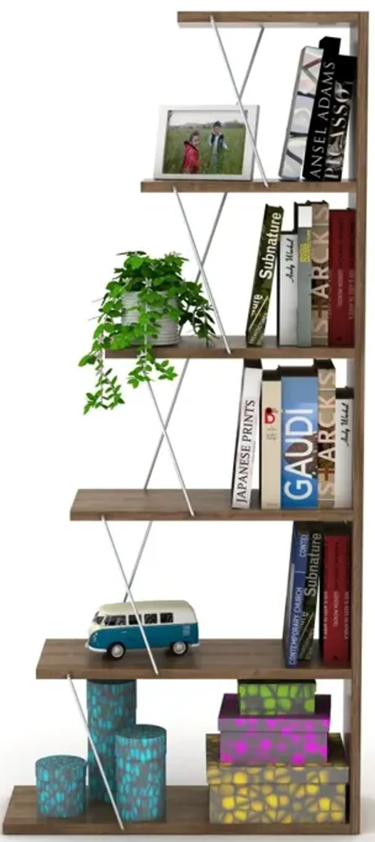 Modern 5 Tier Ladder Bookshelf Organizers, Narrow Bookshelf For Small Space