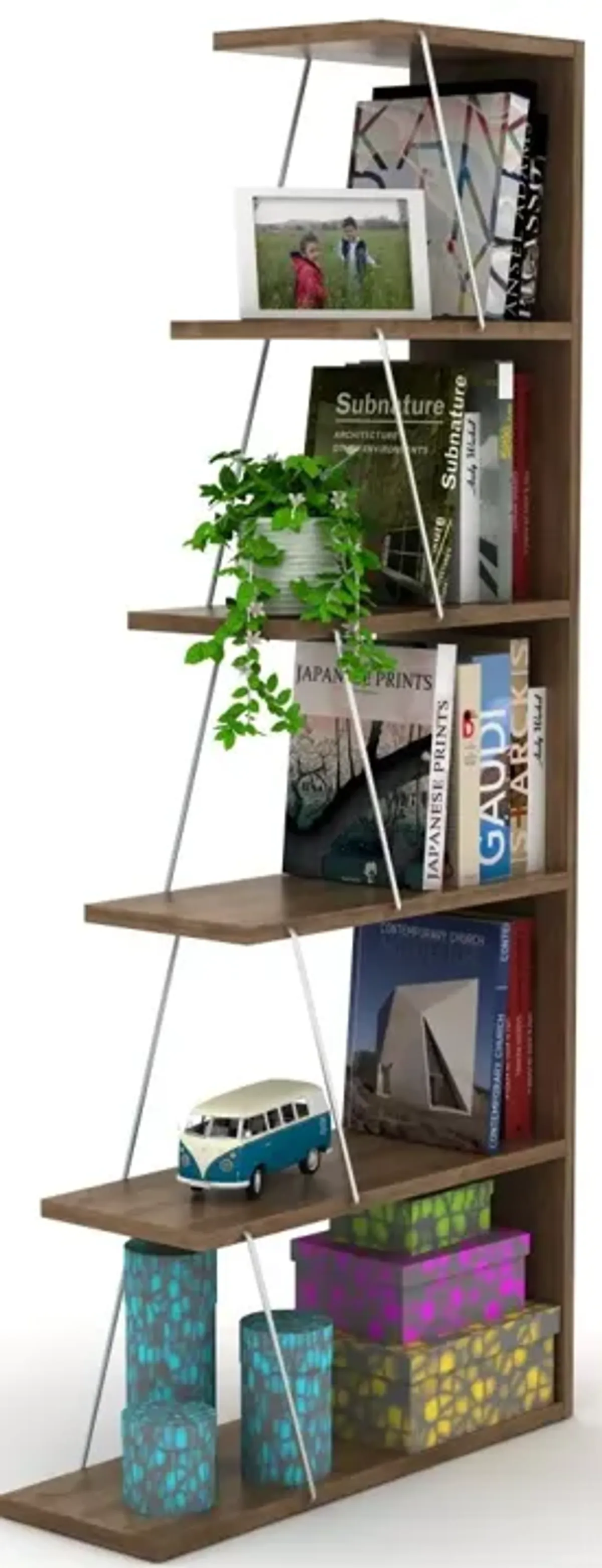 Modern 5 Tier Ladder Bookshelf Organizers, Narrow Bookshelf For Small Space