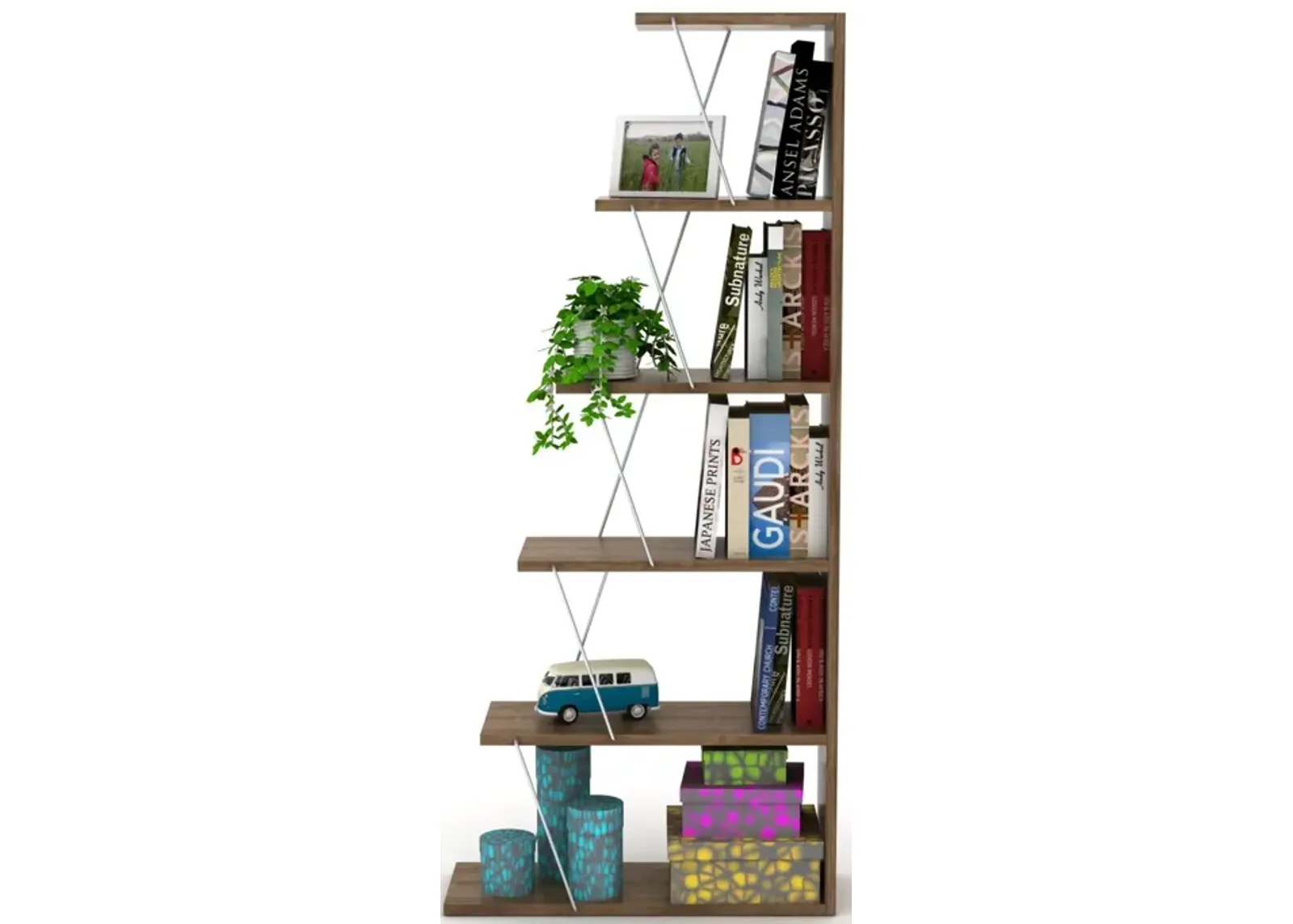 Modern 5 Tier Ladder Bookshelf Organizers, Narrow Bookshelf For Small Space