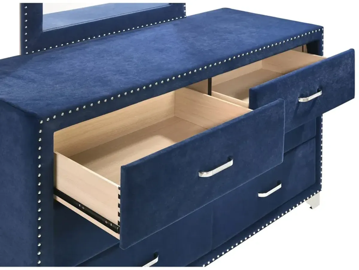 Cale 60 Inch Modern Glam Wood Dresser, 6 Drawer, Velvet, Nailhead, Blue