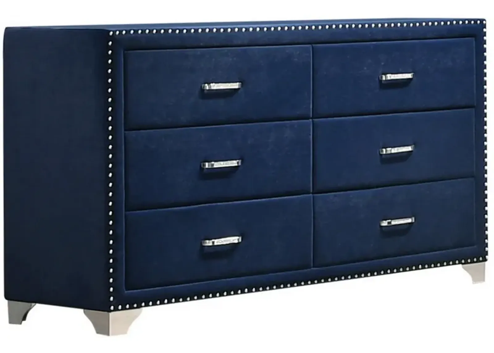 Cale 60 Inch Modern Glam Wood Dresser, 6 Drawer, Velvet, Nailhead, Blue