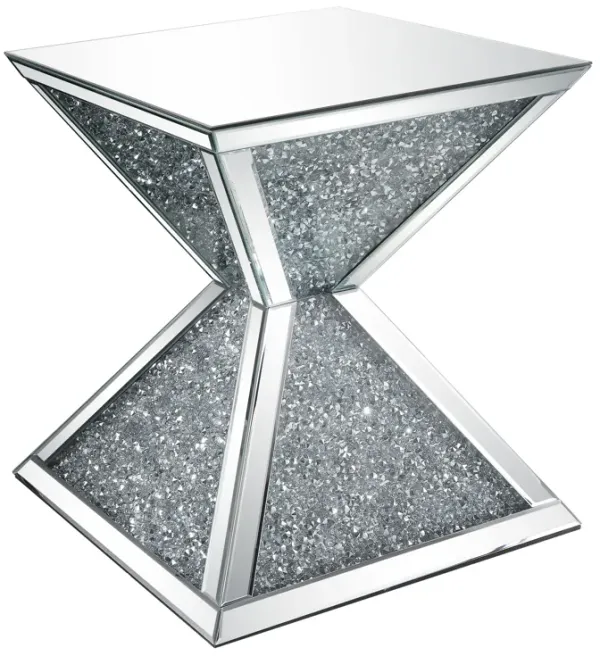 Sparkling End Table with Faux Diamonds Inlay , Silver and Clear-Benzara