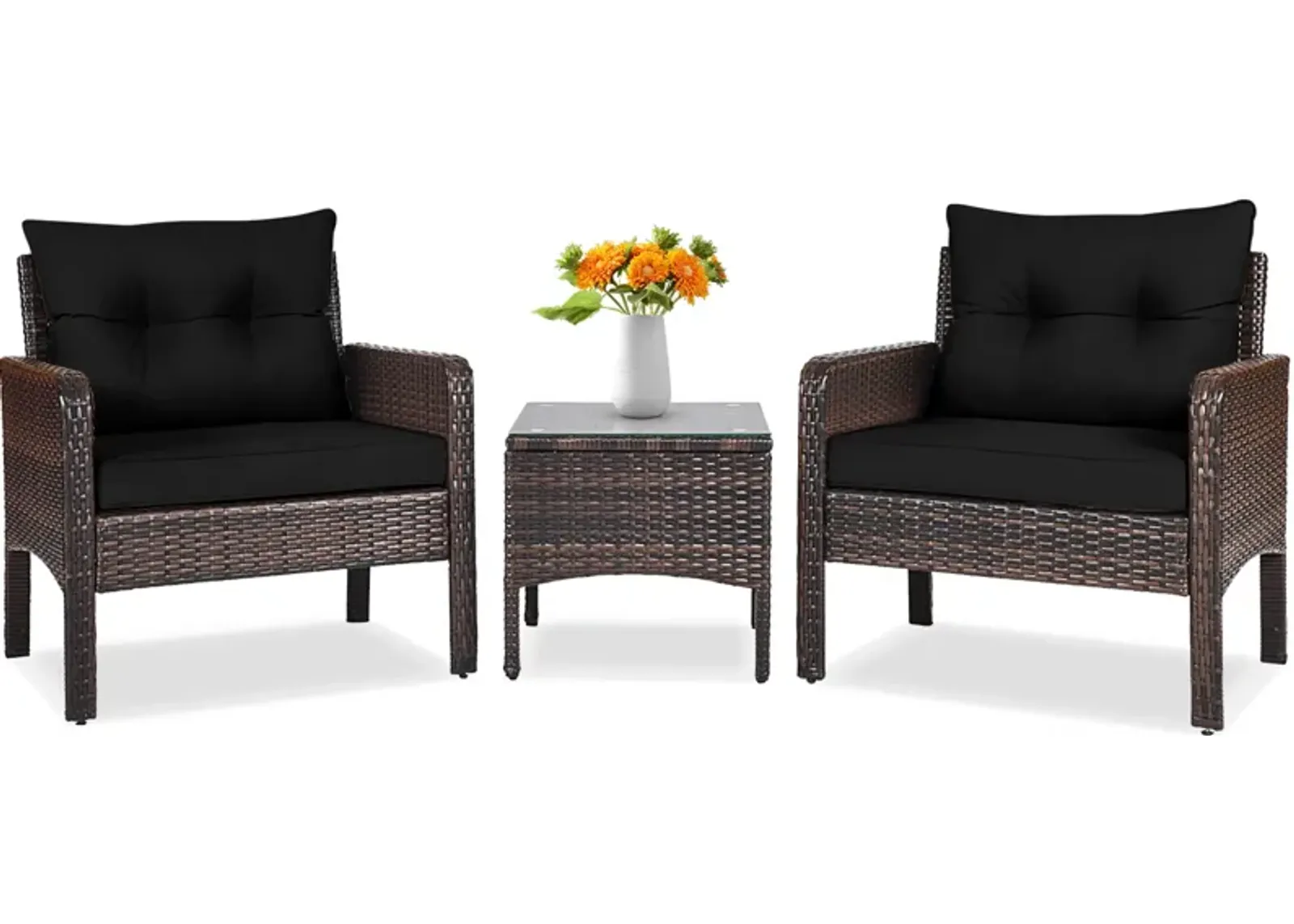 3 Pieces Outdoor Patio Rattan Conversation Set with Seat Cushions