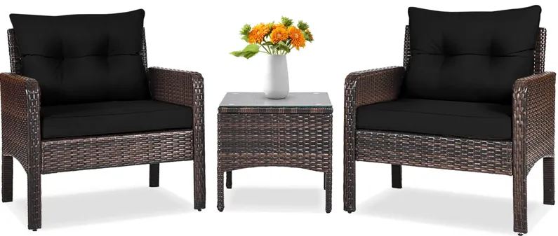 3 Pieces Outdoor Patio Rattan Conversation Set with Seat Cushions