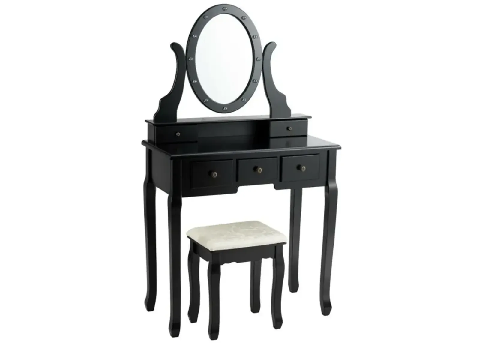 Hivvago 5 Drawers Vanity Table Stool Set with 12-LED Bulbs-Black