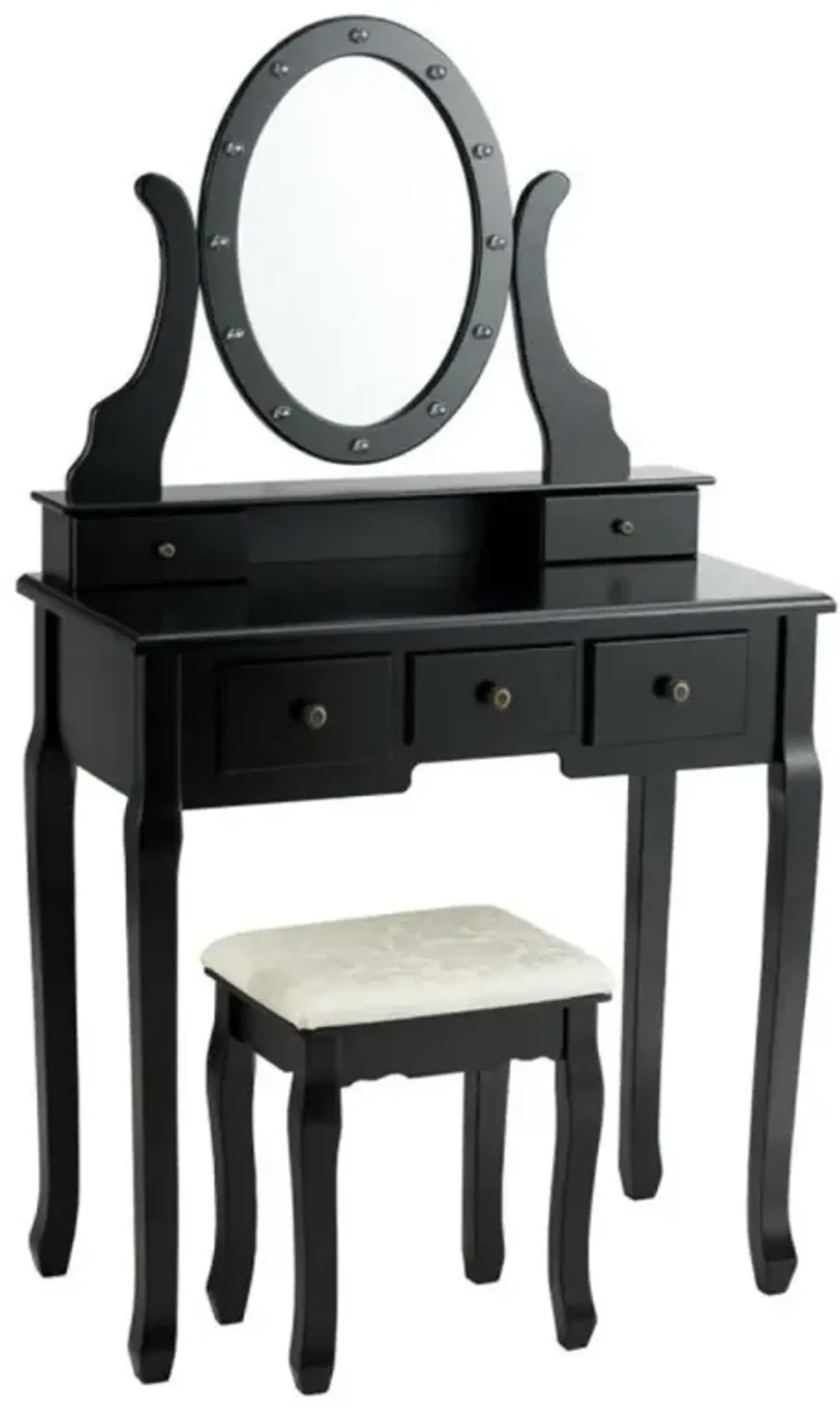 Hivvago 5 Drawers Vanity Table Stool Set with 12-LED Bulbs-Black