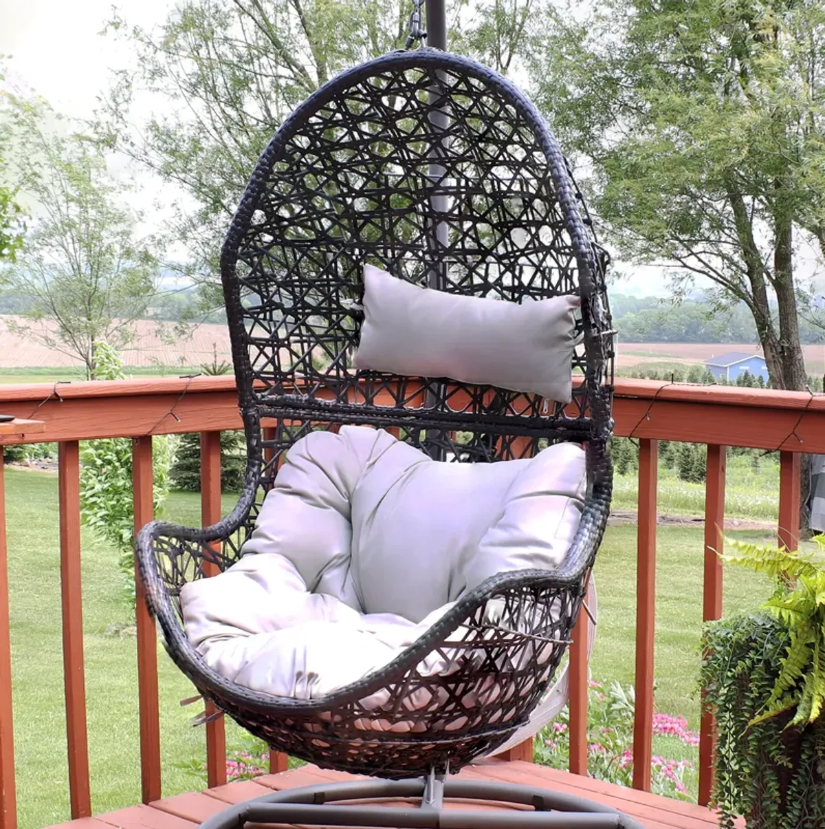 Sunnydaze Black Resin Wicker Basket Hanging Egg Chair with Cushions