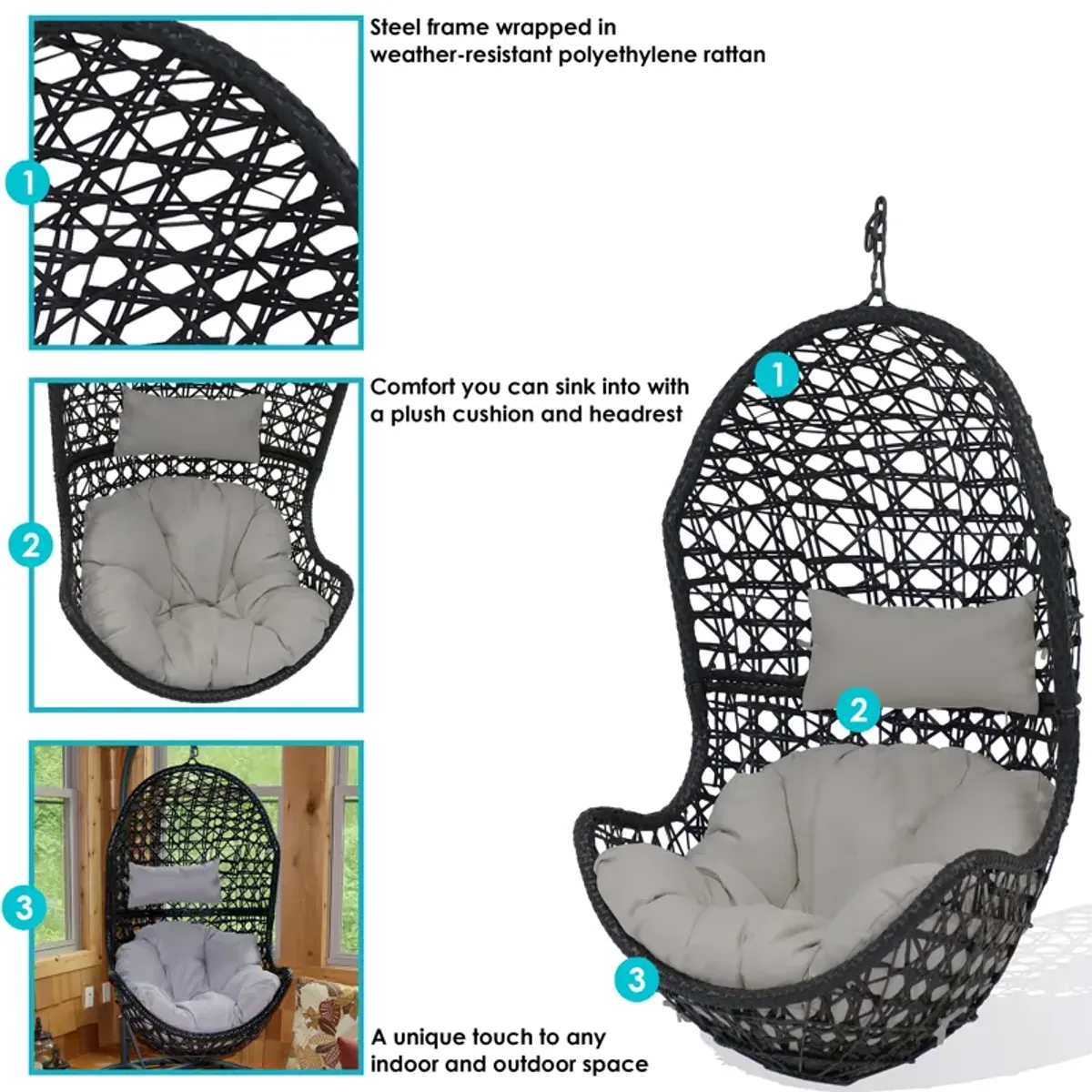 Sunnydaze Black Resin Wicker Basket Hanging Egg Chair with Cushions