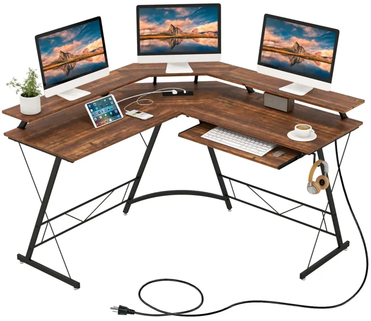 L-shaped Computer Desk with Power Outlet and Monitor Stand