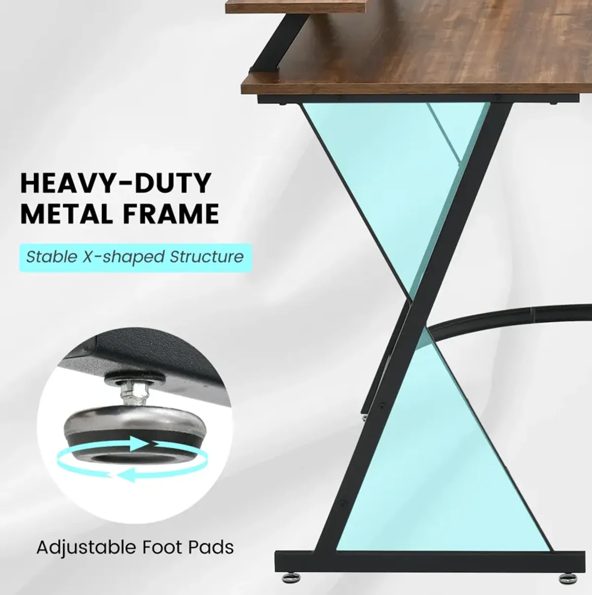 L-shaped Computer Desk with Power Outlet and Monitor Stand