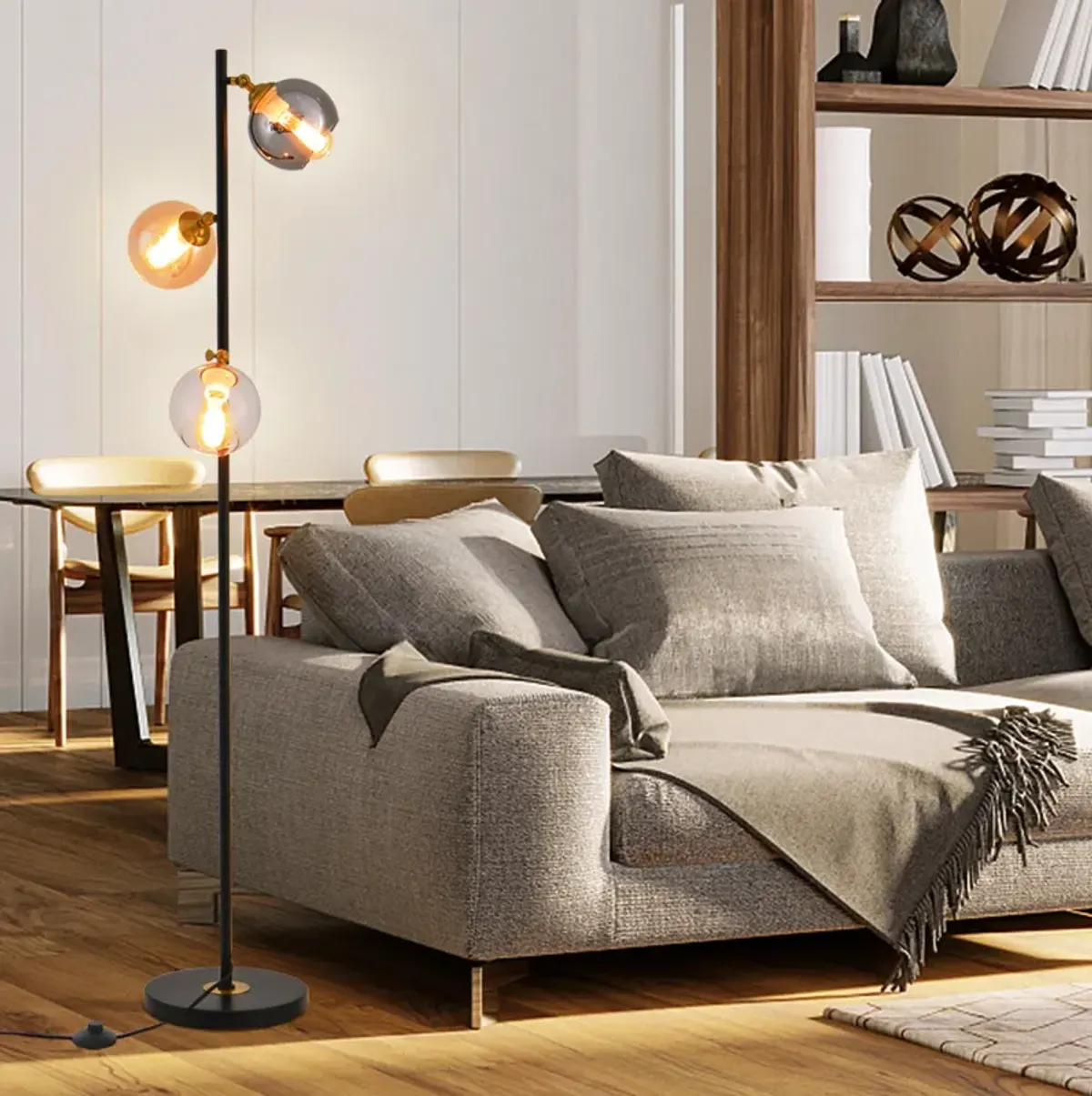 Mid-Century Floor Lamp with 3 Glass Globe Shades and Weighted Base