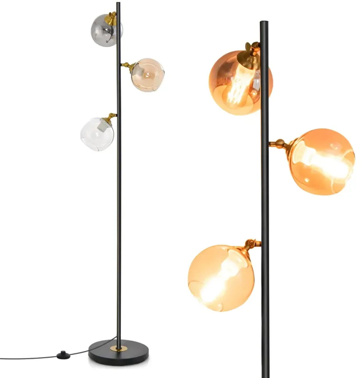 Mid-Century Floor Lamp with 3 Glass Globe Shades and Weighted Base