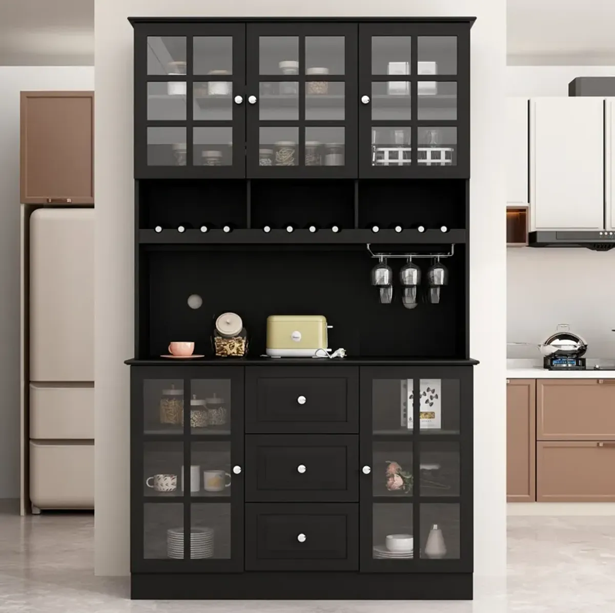 Kitchen Pantry Buffet Bar Cabinet with Glass Door, Kitchen Hutch Cabinet with Drawers, Glass Holder and Wine Rack