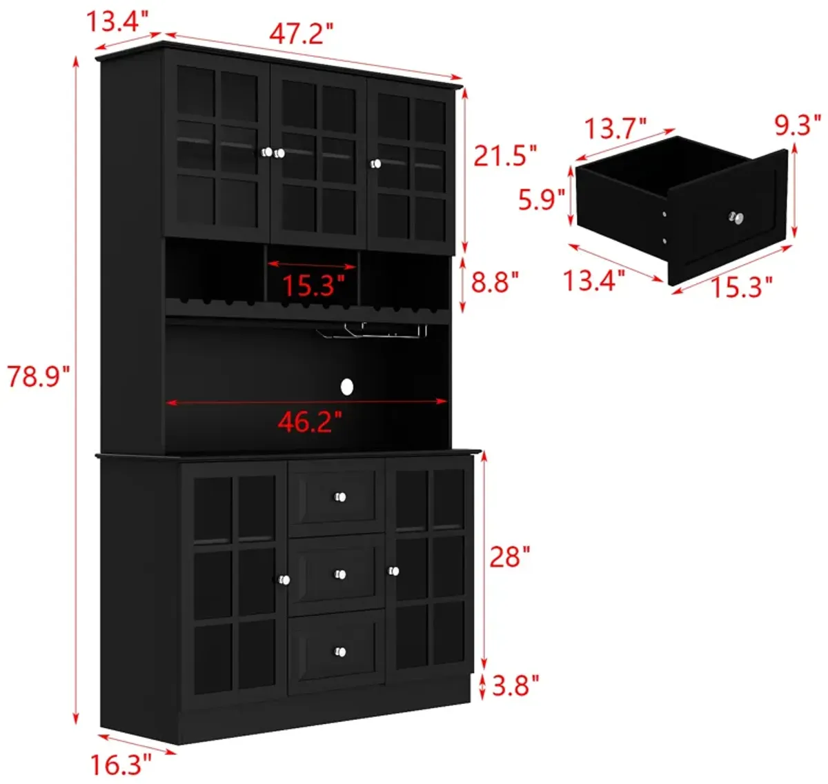 Kitchen Pantry Buffet Bar Cabinet with Glass Door, Kitchen Hutch Cabinet with Drawers, Glass Holder and Wine Rack