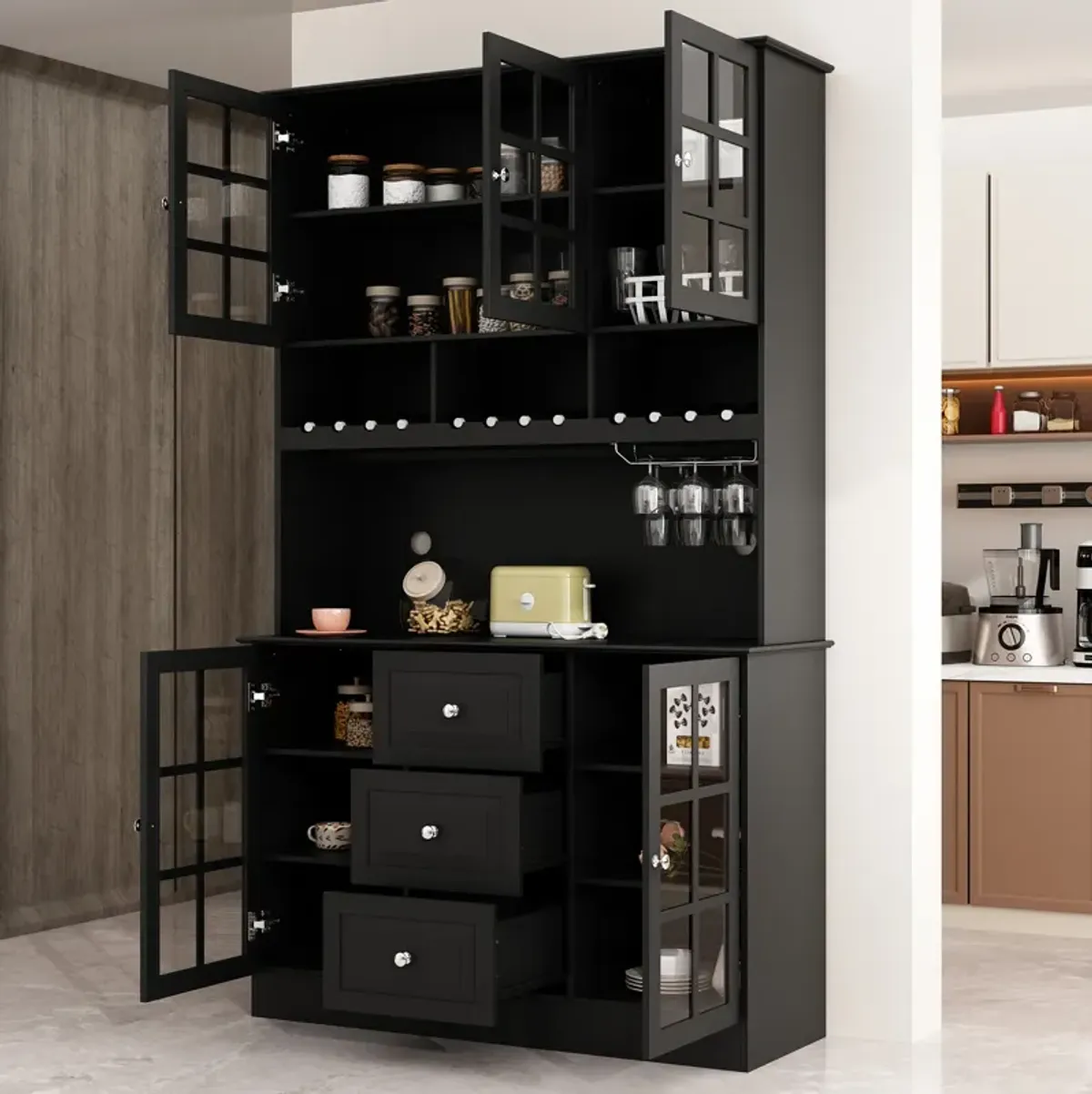 Kitchen Pantry Buffet Bar Cabinet with Glass Door, Kitchen Hutch Cabinet with Drawers, Glass Holder and Wine Rack