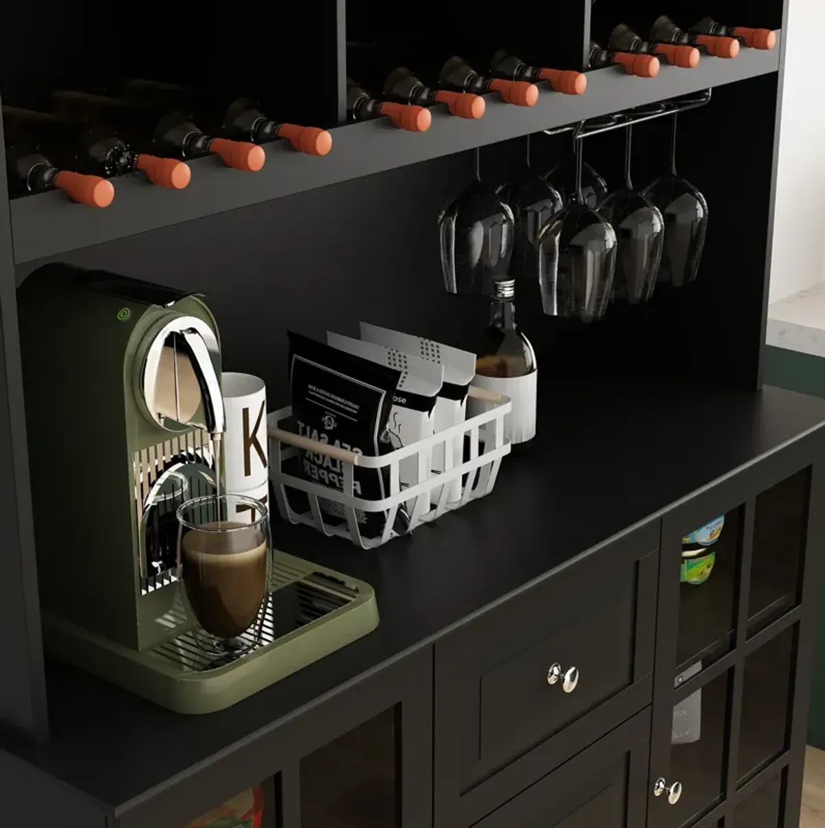 Kitchen Pantry Buffet Bar Cabinet with Glass Door, Kitchen Hutch Cabinet with Drawers, Glass Holder and Wine Rack