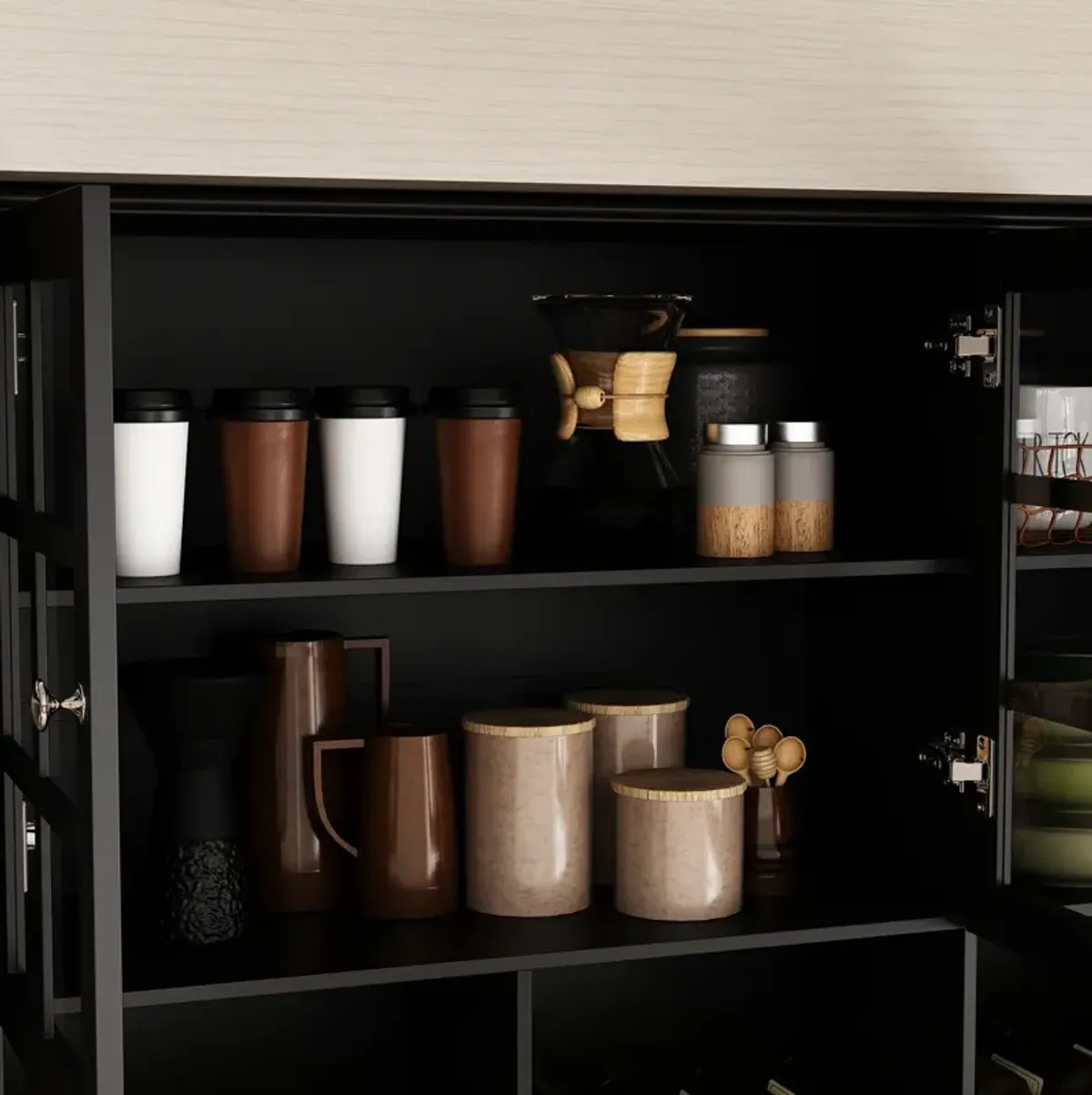 Kitchen Pantry Buffet Bar Cabinet with Glass Door, Kitchen Hutch Cabinet with Drawers, Glass Holder and Wine Rack