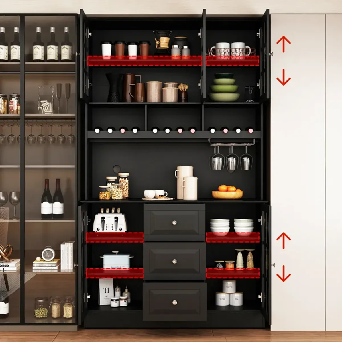 Kitchen Pantry Buffet Bar Cabinet with Glass Door, Kitchen Hutch Cabinet with Drawers, Glass Holder and Wine Rack