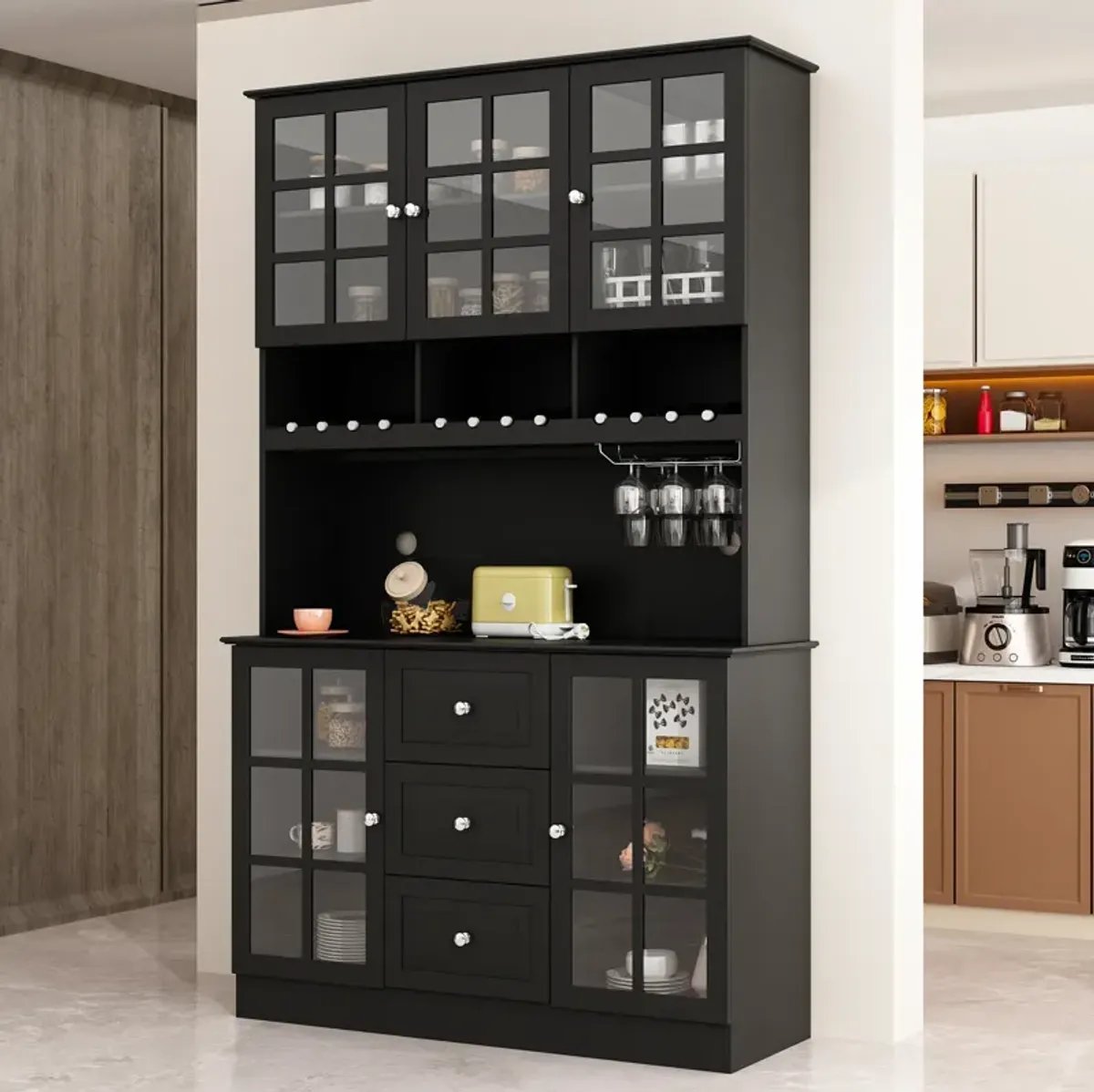 Kitchen Pantry Buffet Bar Cabinet with Glass Door, Kitchen Hutch Cabinet with Drawers, Glass Holder and Wine Rack