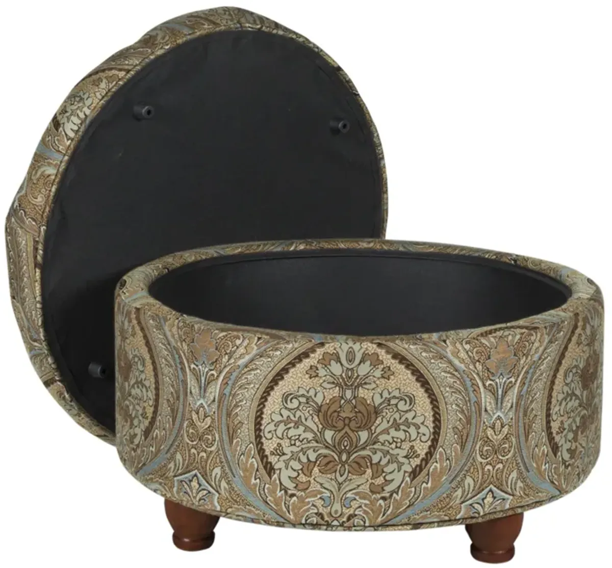 Paisley Patterned Fabric Upholstered Wooden Ottoman with Hidden Storage, Multicolor - Benzara