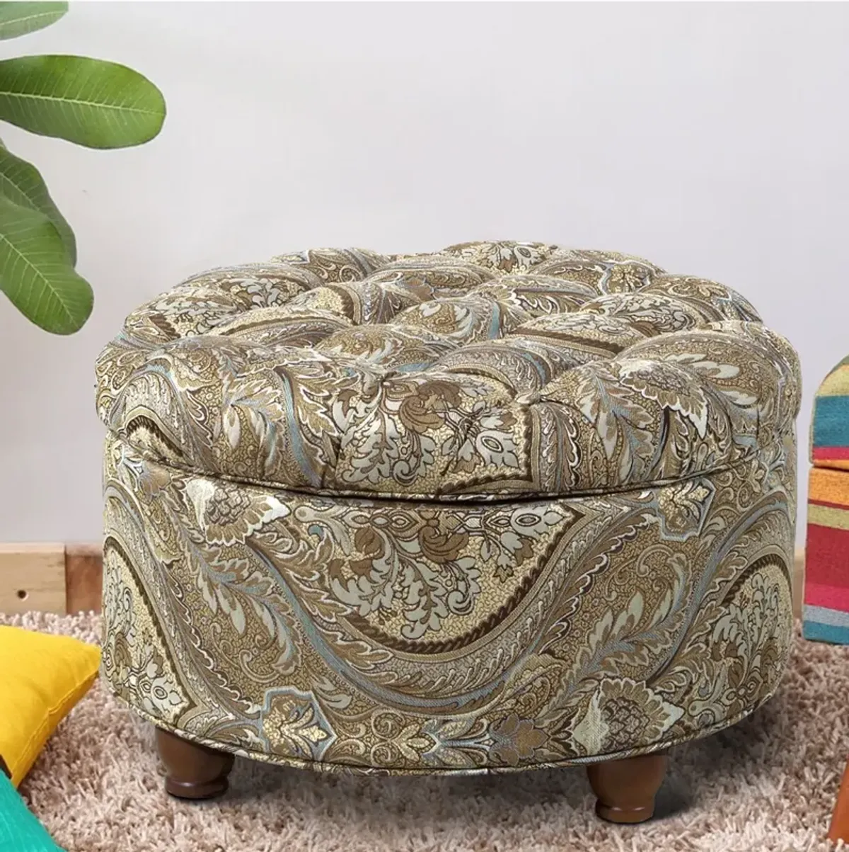 Paisley Patterned Fabric Upholstered Wooden Ottoman with Hidden Storage, Multicolor - Benzara