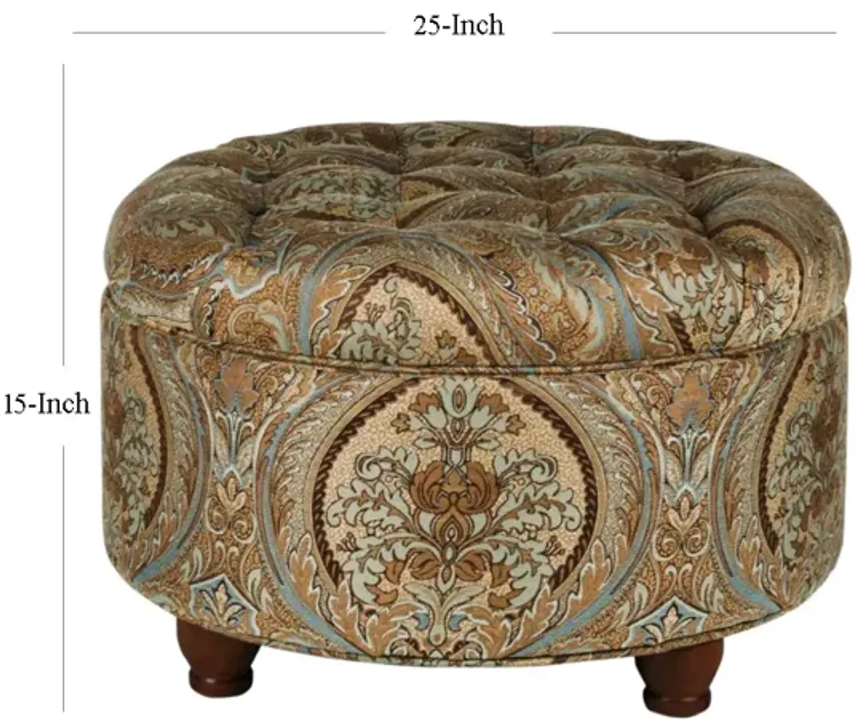 Paisley Patterned Fabric Upholstered Wooden Ottoman with Hidden Storage, Multicolor - Benzara