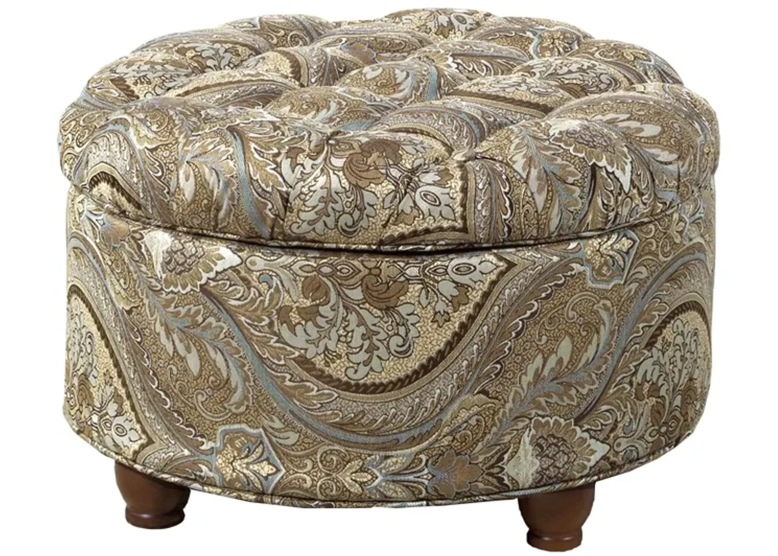 Paisley Patterned Fabric Upholstered Wooden Ottoman with Hidden Storage, Multicolor - Benzara