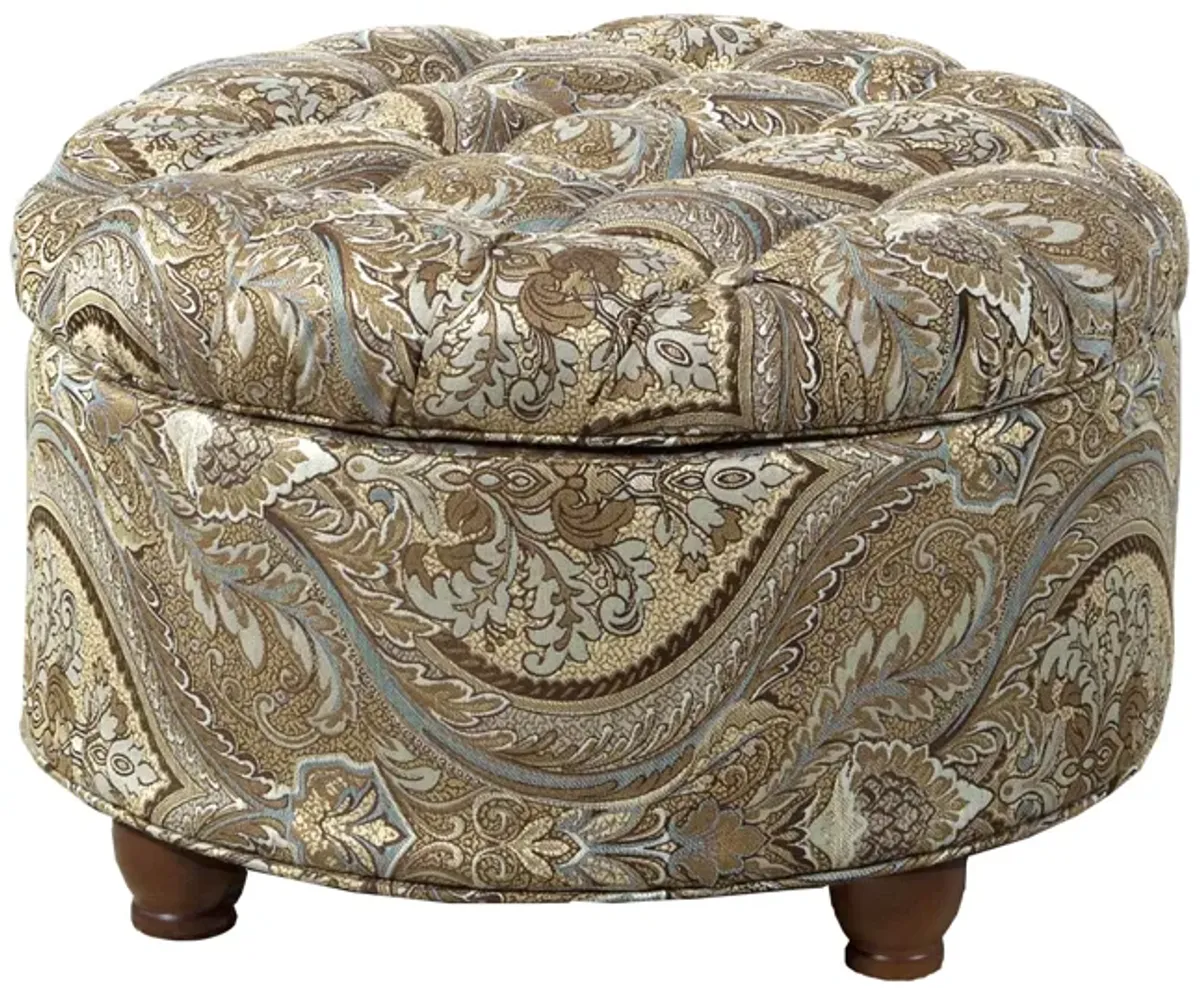 Paisley Patterned Fabric Upholstered Wooden Ottoman with Hidden Storage, Multicolor - Benzara