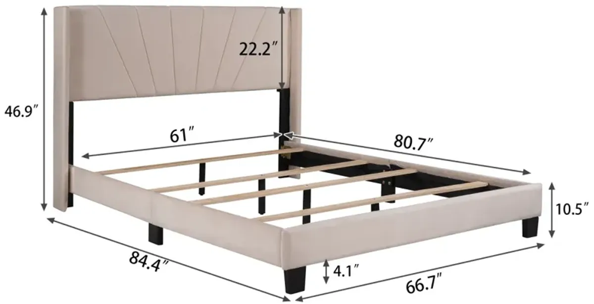 Queen Size Velvet Upholstered Platform Bed, Box Spring Needed