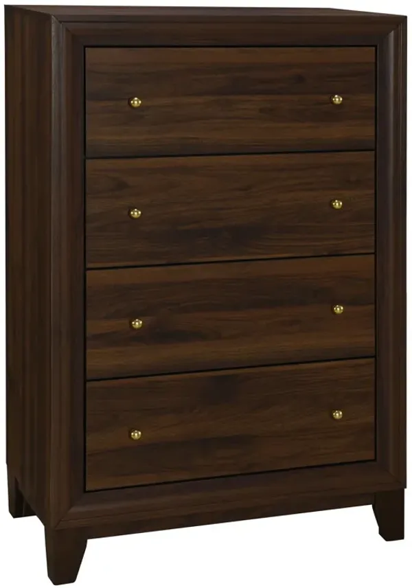 Yels Tall Dresser Chest with 4 Drawers, Gold Metal Knobs, Walnut Brown - Benzara