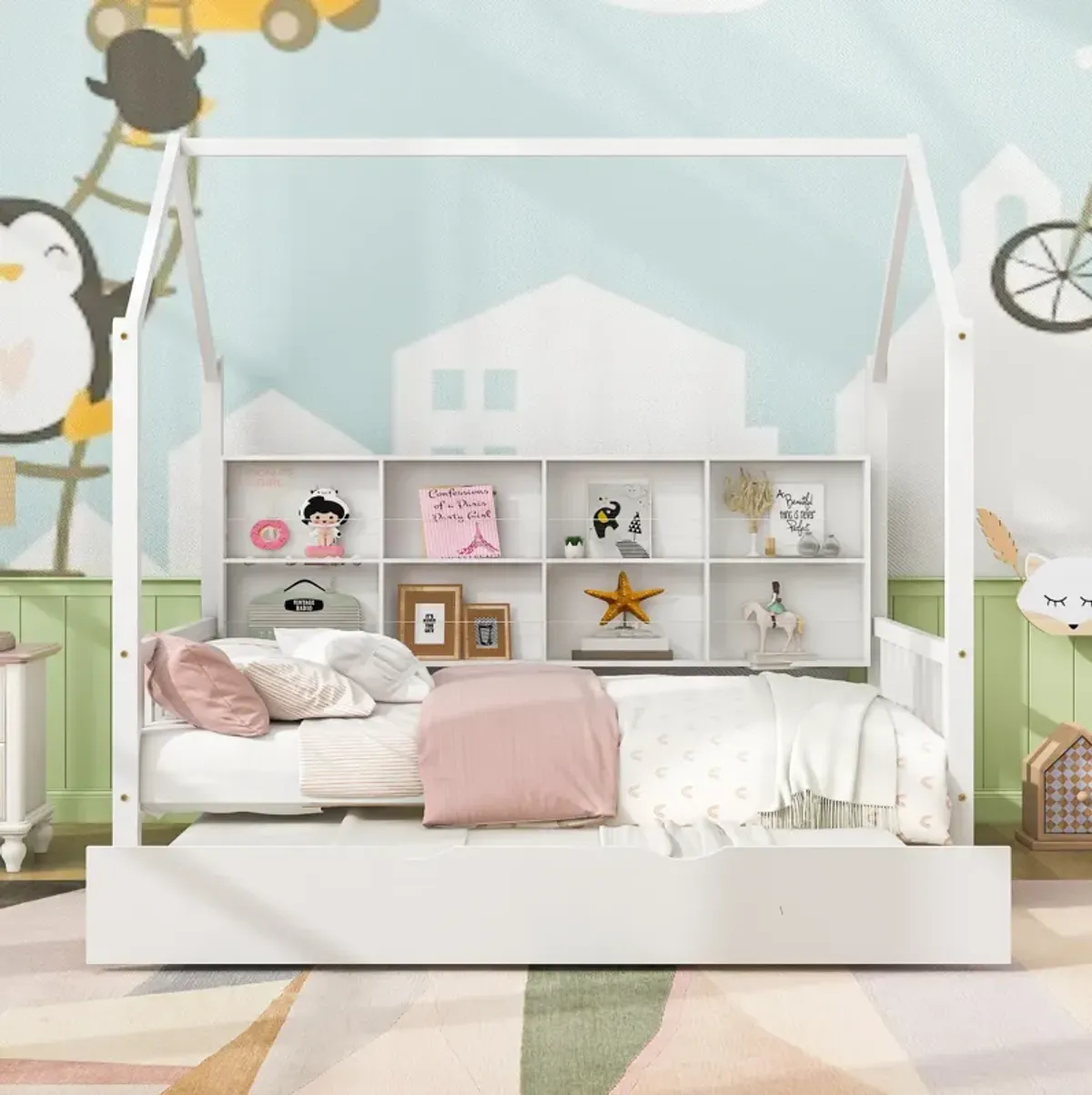 Merax Wooden House Platform with Trundle Bed Frame